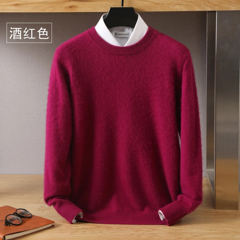 Men's 100% Pure Mink Cashmere Sweater O-Neck Pullovers Knit Sweater Autumn and Winter New Long Sleeve High-End Jumpers Mink Tops