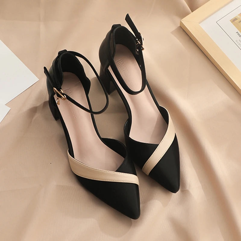 Rimocy Mix Color Med Heels Pumps Women Pointed Toe Ankle Strap High Heels Shoes Woman Pu Leather Patchwork Office Shoes Female