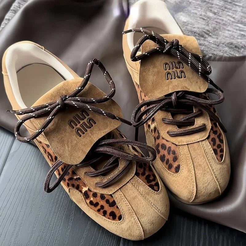 Autumn Brown Leopard Print Women's Vulcanized Shoes Flat Lace-up Sport Shoes Outdoor Non-slip Casual Comfortable Women Sneakers