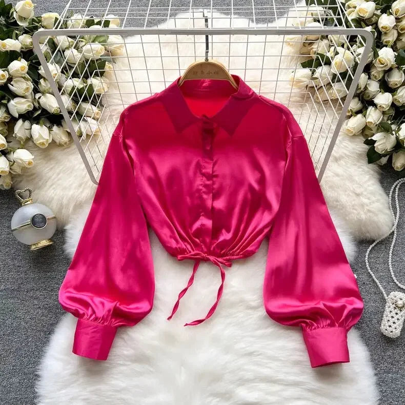 tops woman blouse polo shirts satin long sleeve women blouse female shirt harajuku sexy pleated tee