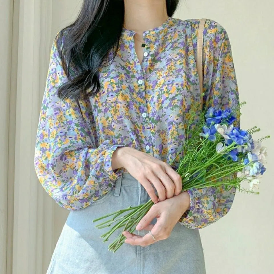 Women Elegant Print Chiffon Blouse Spring Summer Casual Long Sleeve V Neck Loose Shirt Office Lady Button Sweet Tops