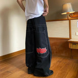 Y2K trendy retro classic pocket skull pattern straight denim trousers summer American Gothic washed wide-leg denim loose pants