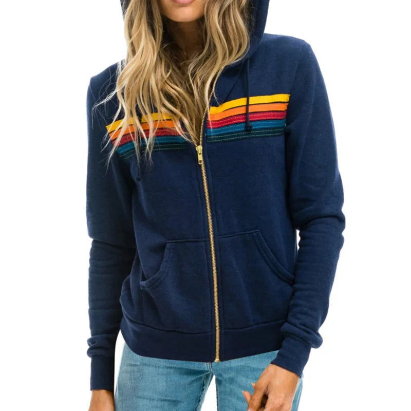 Donsignet Women Hoodies Coat New Casual Rainbow Hooded Sweatshirts Fashion Zip-up Striped Cardigan