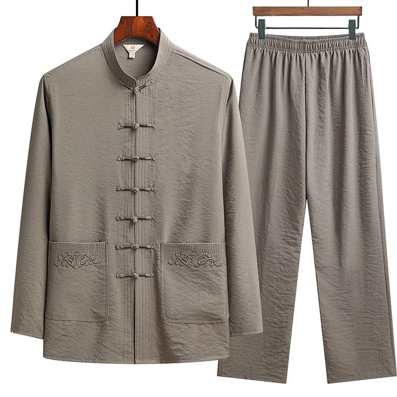 Chinese Traditional Clothing Set Man Fall Linen Buckle Kung Fu Shirt Oriental Retro Top Pants Tai Chi Breathable Uniforms Hanfu