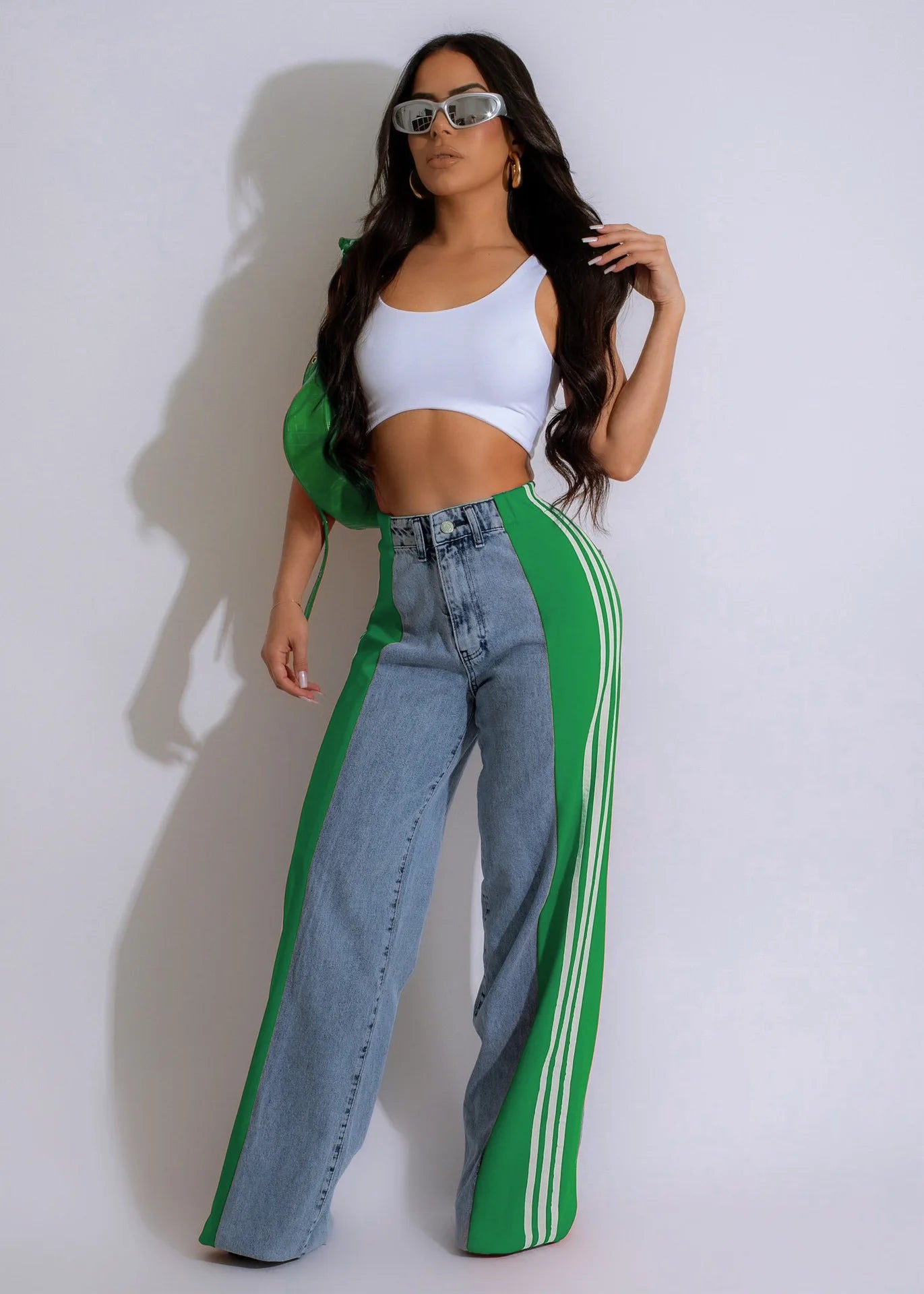 Patchwork Jeans Wide Leg Pants Sexy Women Blue Jeans Flare Pants Denim Straight Trousers