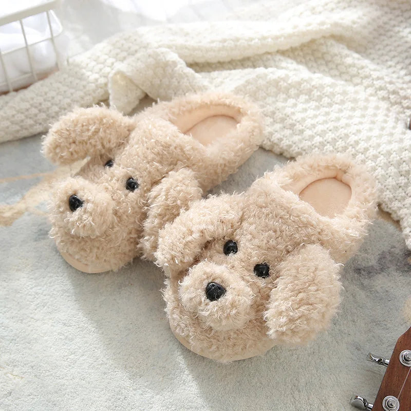 Comwarm Cute Dog Short Plush Slippers For Women Winter Warm Furry Cotton Shoes Couples Home Indoor Bedroom Cozy Slippers