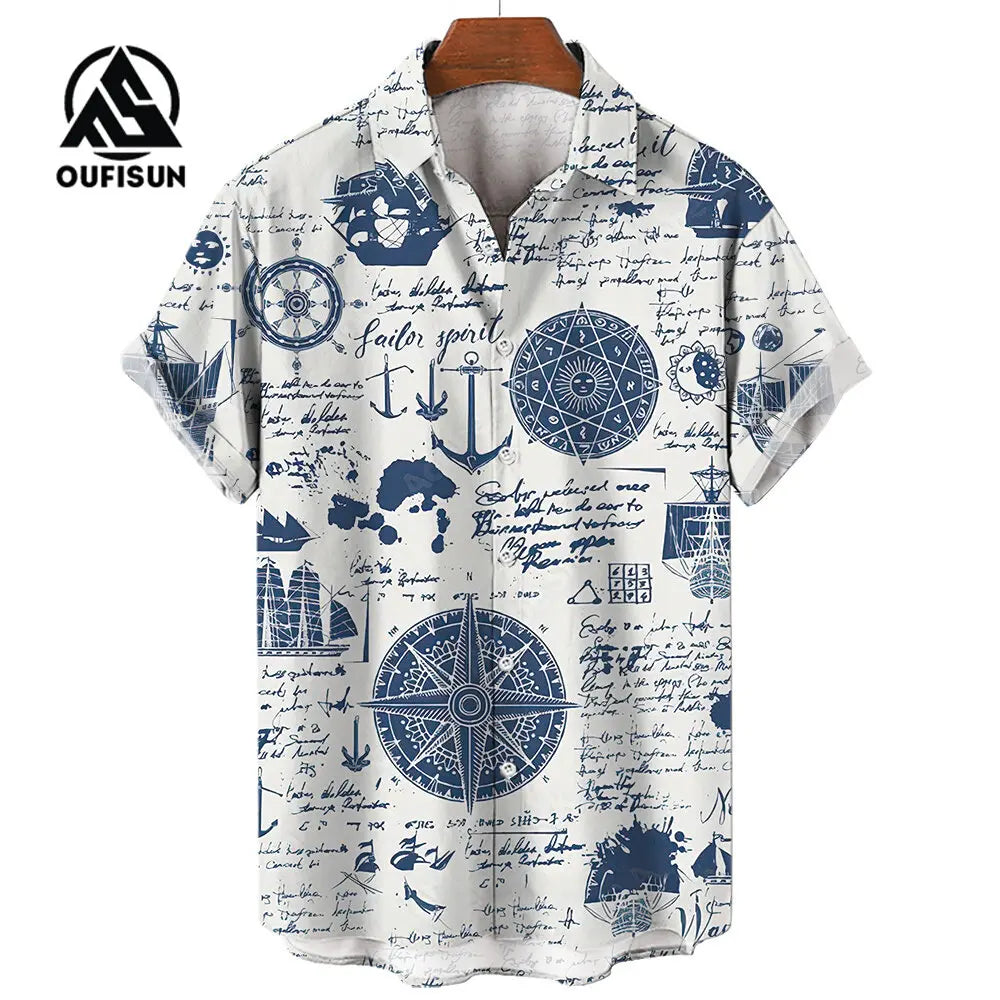 Men's Short Sleeve Shirt Summer Fashion Nautical Compass Anchor Printed Tops Men's Casual Loose Shirts