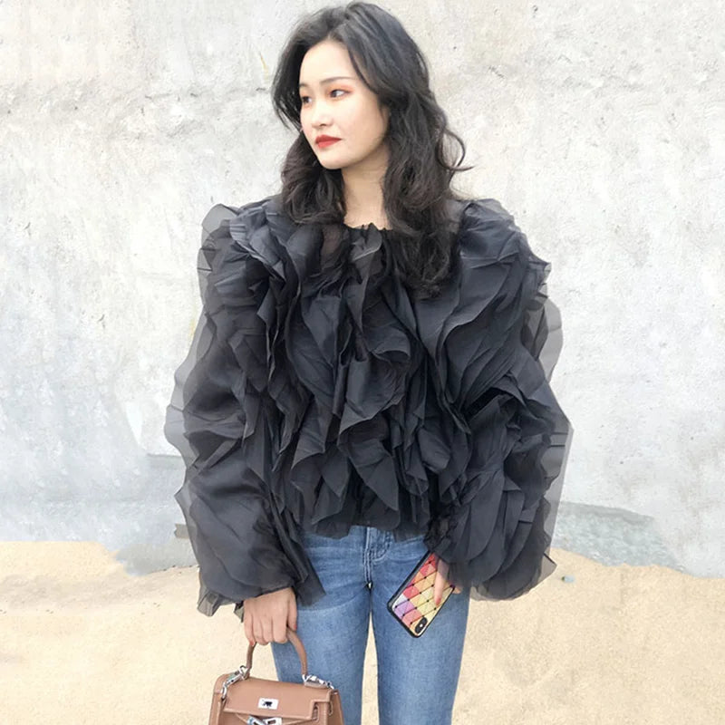 TWOTWINSTYLE Vintage Patchwork Ruffle Shirt For Women O Neck Lantern Long Sleeve Solid Elegant Blouse Female Fashion New Style