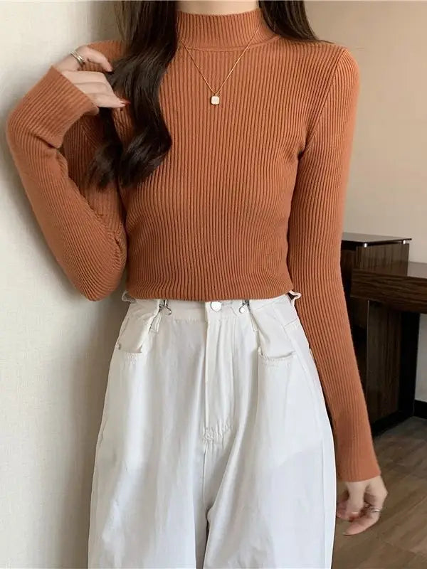 Women Autumn Winter Turtleneck Sweater Vintage Solid Basic Knitted Tops Casual Slim Pullover Korean Fashion Simple Chic Jumpers