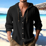 Men's Solid Color Casual Long Sleeved Shirt With Hood And Drawstring Cotton And Linen Cardigan Fashionable Daily Versatile Top