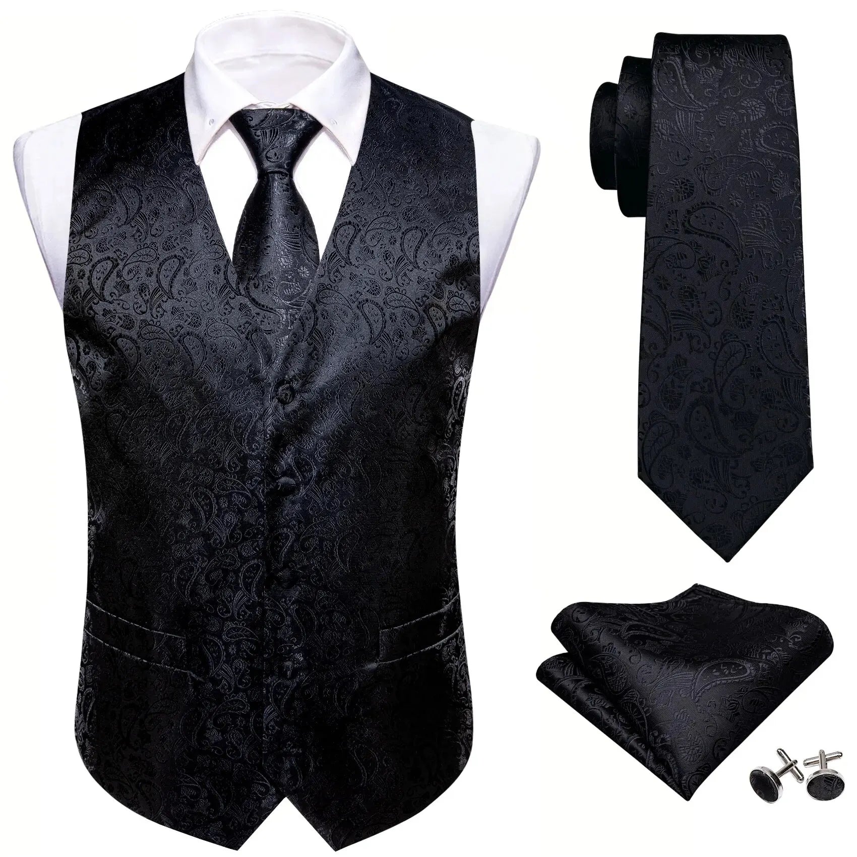 Men's Suit Vest Jacquard 4pcs Waistcoat with Tie Pocket Square Cufflinks Set for Male Sleeveless Jacket Wedding Business Party