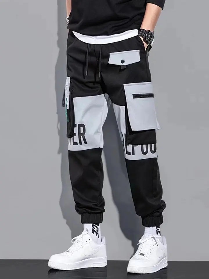 Men's Cargo Pants Casual Hip Hop Hit Color Multiple Pockets Trousers Streetwear Ribbons Techwear Sweatpants