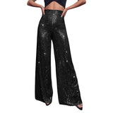 Women Sequin Flare Pants Sparkly High Waist Wide Leg Bell-bottom Trousers Slim Party Club Shiny Pants Clubwear