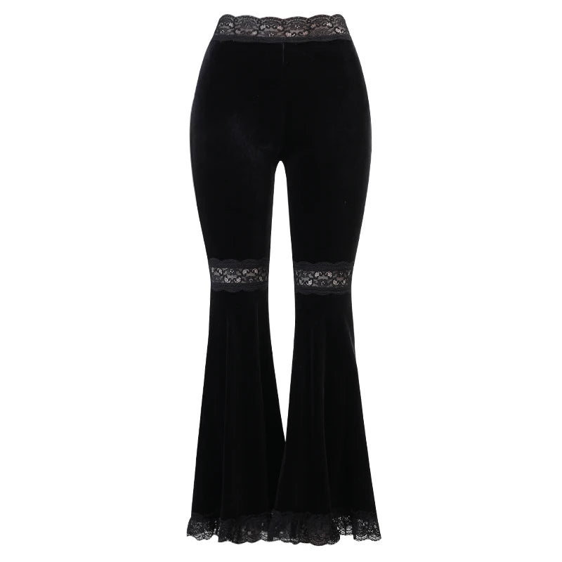 Y2K Gothic Black Lace Mesh Flared Pants Sexy Harajuku Aesthetic See Through Long Trousers Vintage Women Summer Pants Streetwear