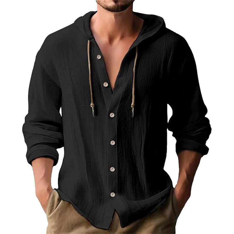 Men's solid color casual shirt, hooded drawstring cotton and linen cardigan, trendy and versatile loose beach T-shirt