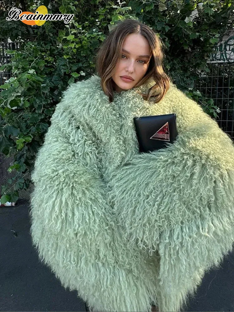 Fashion Green Loose Women Faux Fur Jacket Elegant Stand Neck Full Sleeve Short Thicken Coat Winter New Lady Highstreet Outerwear