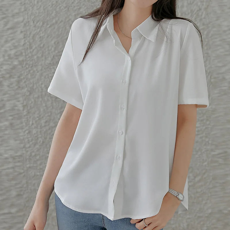 Women'S New Korean Chiffon Fashion Cardigan Top Female Summer Loose Thin Trend Slim Versatile Short Sleeve Lapel Neck Shirt