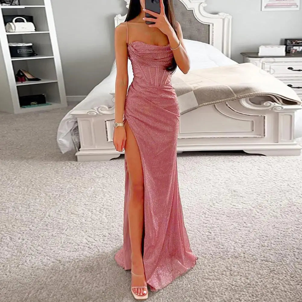 Woman Spring Summer Bodycon Dress Sexy Shiny Sequins Spaghetti Strap Split High Waist Dress Lady Prom Dress Evening Dresses