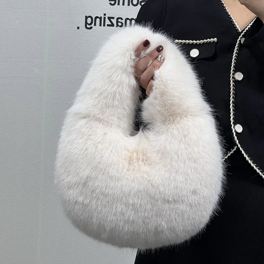 Luxury Soft Plush Half Moon Bag Faux Fur Fluffy Lady Handbags Female Winter Purse Party Clutch Bag Casual Tote Bag