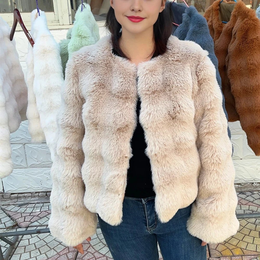 HOOOFUR Faux Fur Coat Women New Style Short Imitation Fur Plush Collarless Top Short Top 2024 Autumn and Winter Warm and Trend