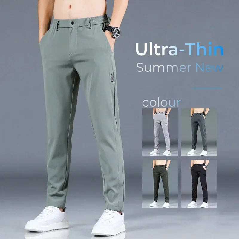 Summer New Thin Ice Silk Stretch Men's Pants Casual Elastic Waist Smooth Trouser Pants Male Brand Clothing 5 Colour