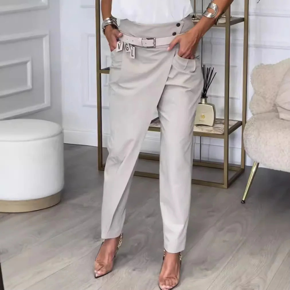 New Autumn Asymmetric High Waisted Suit Pants For Women Fashion Chic Belt Straight Pants Casua Street Trousers Lady Bottoms