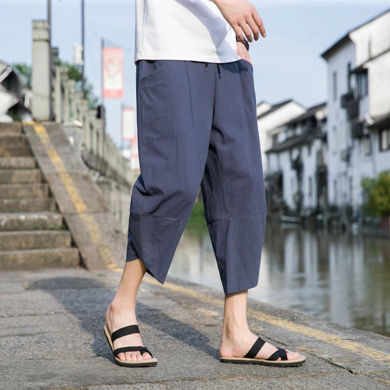 Cotton and Linen Capri Pants Men's Summer Thin Linen Pants Casual Beach Pants Men's Pants Shorts