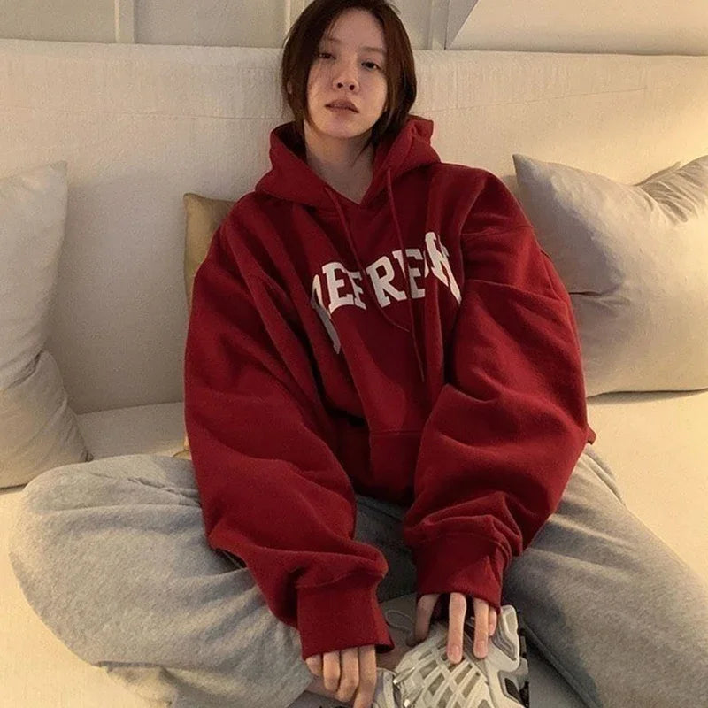 Rimocy Autumn Winter Printed Hoodie Women Korean FashionThicken Hooded Sweatshirts Woman Y2K Streetwear Loose Hoodies