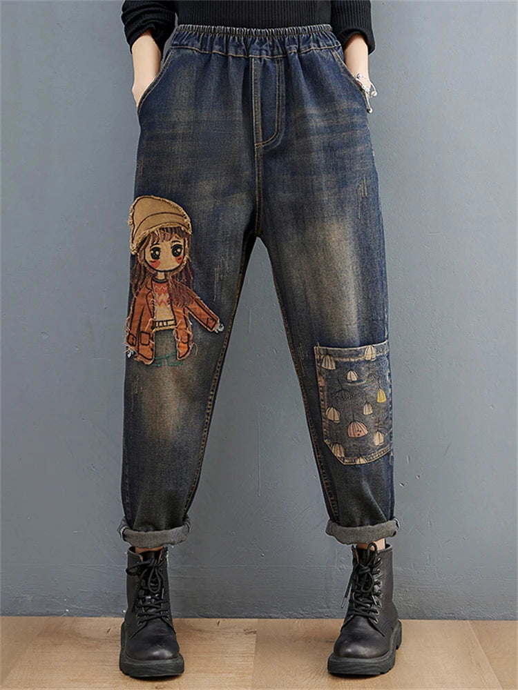 Cartoon Litter Girl Embroidery Denim Pants For Women Trendy Hole Casual High Waist Breeches Pockets Mom Harem Blue Jeans