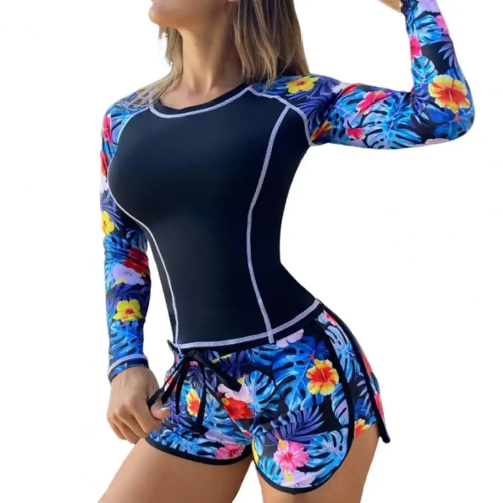 Two-piece Swimsuit Floral Print Long Sleeve Swimsuit Set for Women with Drawstring Elastic Waist Shorts Quick Dry for Surfing