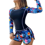 Two-piece Swimsuit Floral Print Long Sleeve Swimsuit Set for Women with Drawstring Elastic Waist Shorts Quick Dry for Surfing