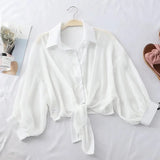 Casual Loose Hollow White Clothes Elegant Solid Color Tied Waist Blouse Women Summer Bat Half Sleeve Button Chiffon Shirt