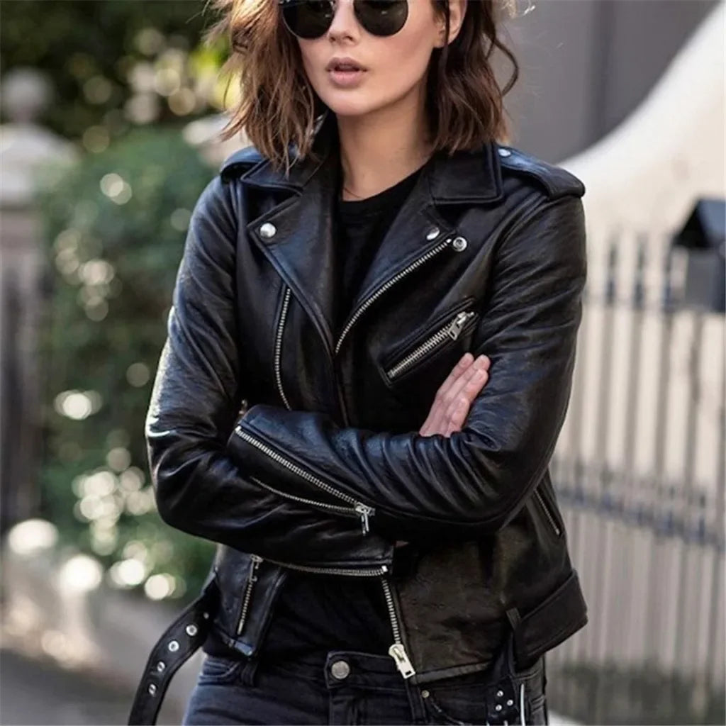 New Autumn Spring Women Short Faux PU Jacket Slim Fashion Punk Outwear Motorcycle Leather Jacket Casual Coat