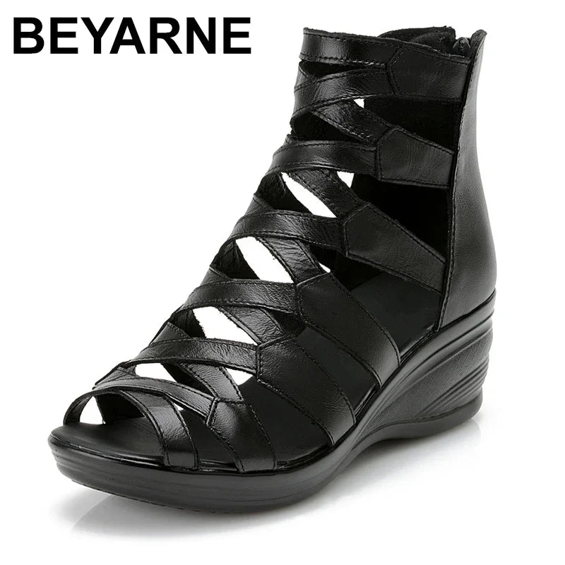 BEYARNE  summer Fashion sandals genuine leather soft outsole comfortable open toe wedges mother shoes flat sandals