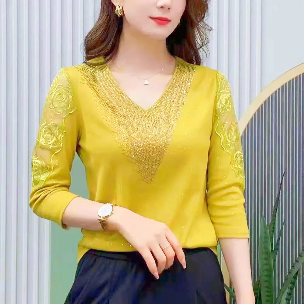 4XL Women Summer Spring Autumn Blouses Shirts Lady Fashion Half Sleeve V-Neck Collar Sequins Lace Embroidery Blusas Tops