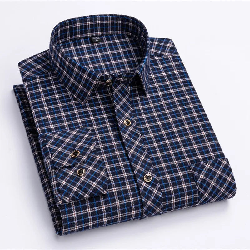 New Cotton Flannel Shirts For Men's Long Sleeve Soft Regular-fit Brushed Single Pocket Comfortable Casual Fashion Plaid Shirts