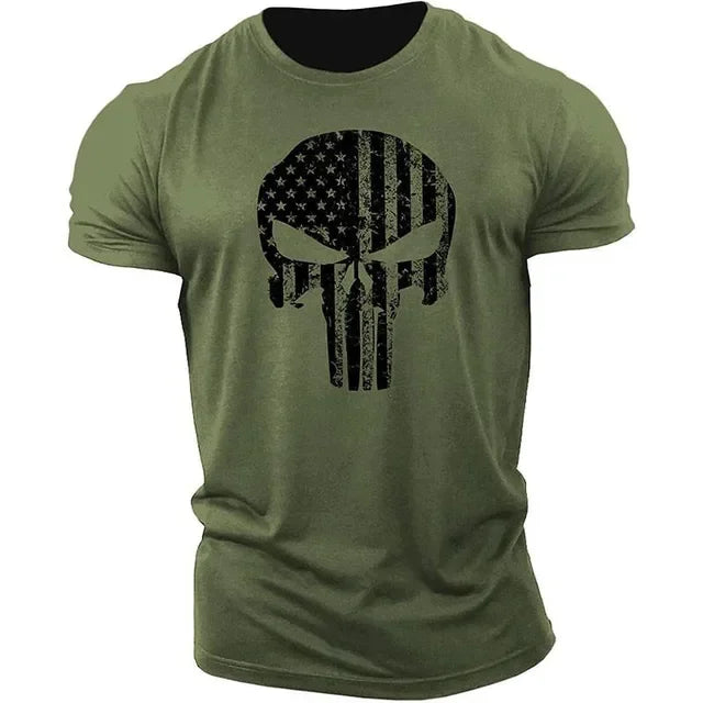 New Fashion Skull 3D Printing Men's Casual Sports T-Shirt Short Sleeve Summer New Quick Dry Tough Guy Army Green Plus Size Top