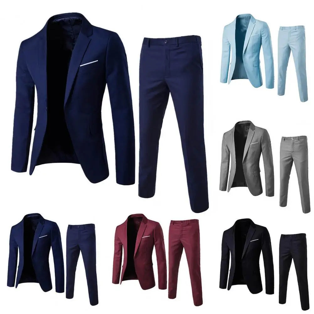 1 Set Men Blazer Pants Solid Color Long Sleeve Slim Fit Turndown Collar Temperament One Button Pockets Suit Set Men Clothes