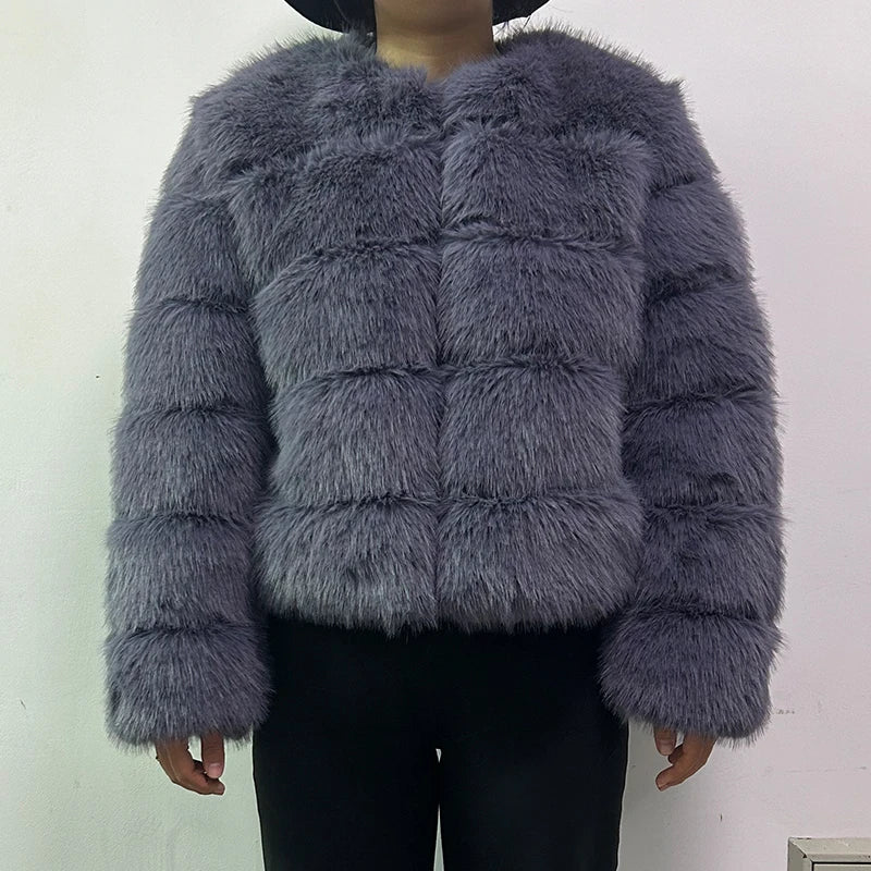 Faux Fox Fur Coat Women Winter Long Sleeve Luxury Raccoon Fur Jackets Thick Top Female Furry Coat Fluffy Synthetic Top Outwear