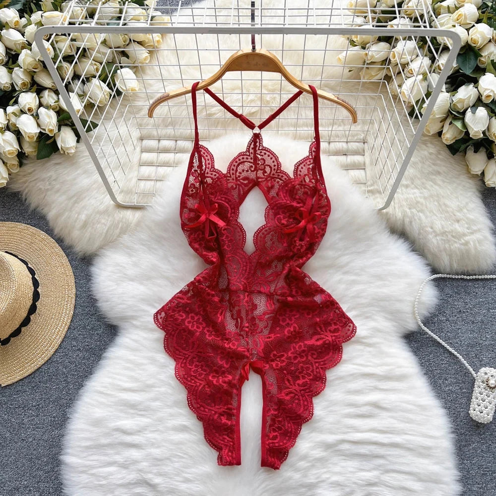 New In Women's Secret Clothes Christmas Red Top Sexy Patchwork Bodysuit Cosplay Erotic Lingerie Winter Strap Pajamas Nightwear