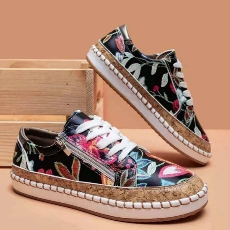 Women Sneakers Elegant Floral Printed Lace Up Female Flat Shoes Fashion Round Toe Lady Vulcanized Shoes Femme Casual Shoes