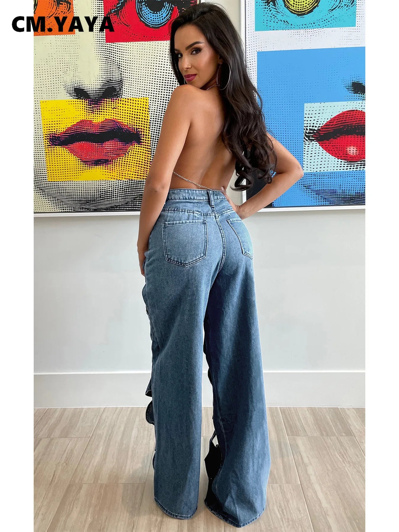 CM.YAYA Women Vintage Cutout Hollow Out Criss Cross Straight Denim Pants Fashion INS High Waist Wide Leg Jeans Trousers