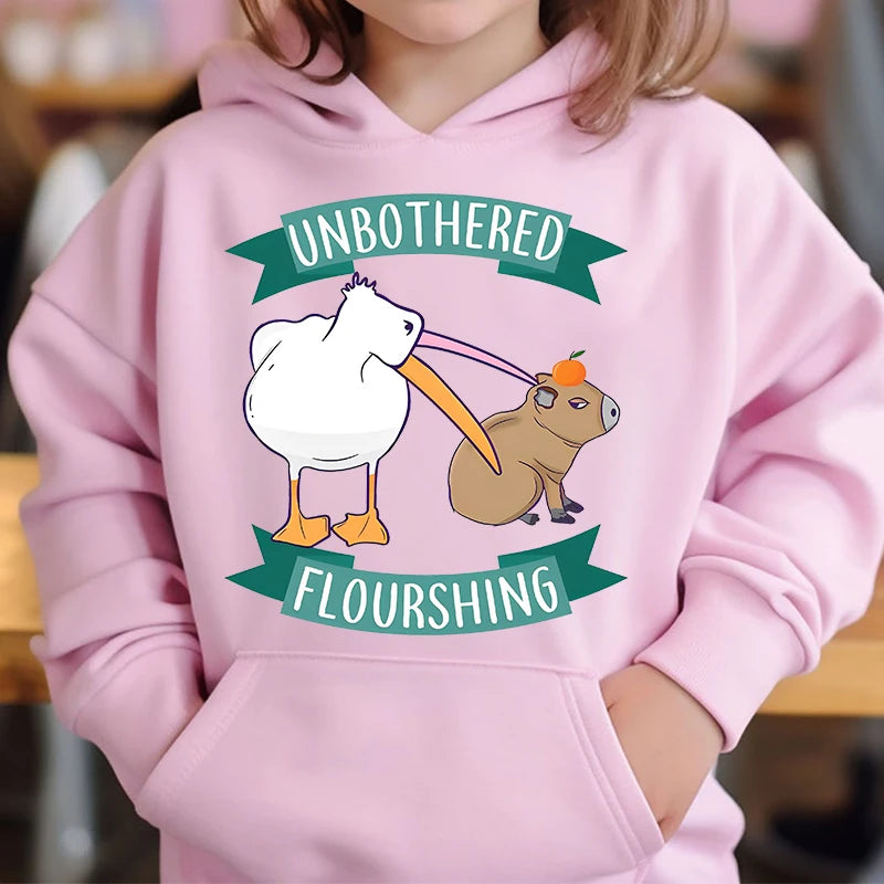 Cute Capybara Loves Bubble Tea kids hoodie pink plus velvet sweater autumn and winter tops for girls