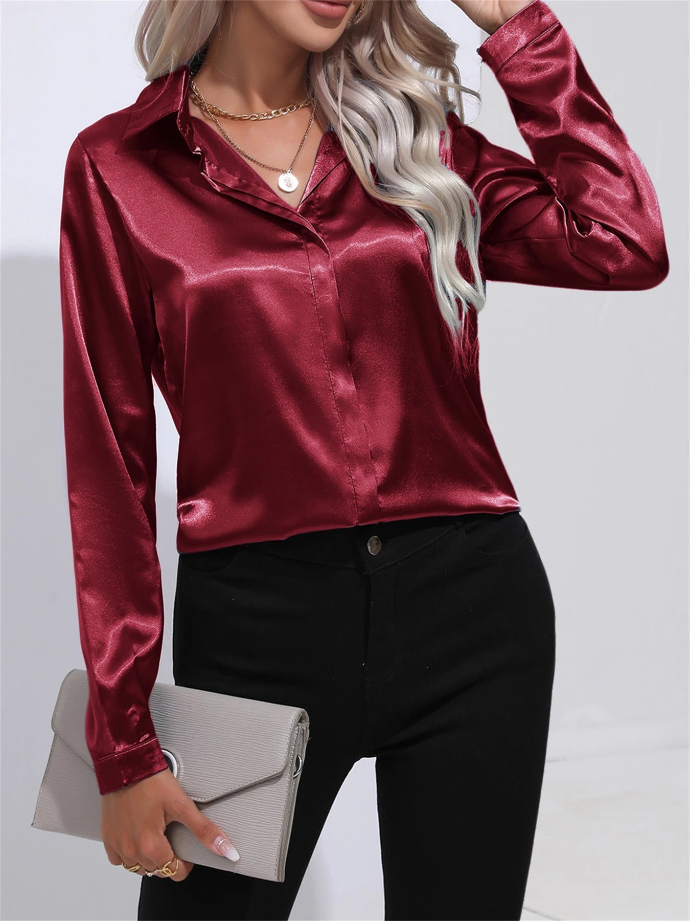 Elegant Turn-Down Collar One Button Satin Long Sleeve Shirt For Women Office Blouse