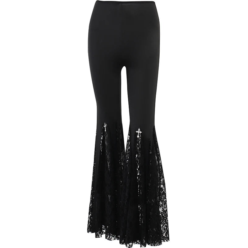 Y2K Gothic Black Lace Mesh Flared Pants Sexy Harajuku Aesthetic See Through Long Trousers Vintage Women Summer Pants Streetwear