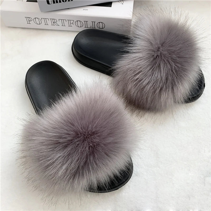 Summer Faux Fur Slippers Women Indoor Furry Fur Slides Female Plush Flip Flops Flats Sandals Casual Fluffy Slipper House Shoes