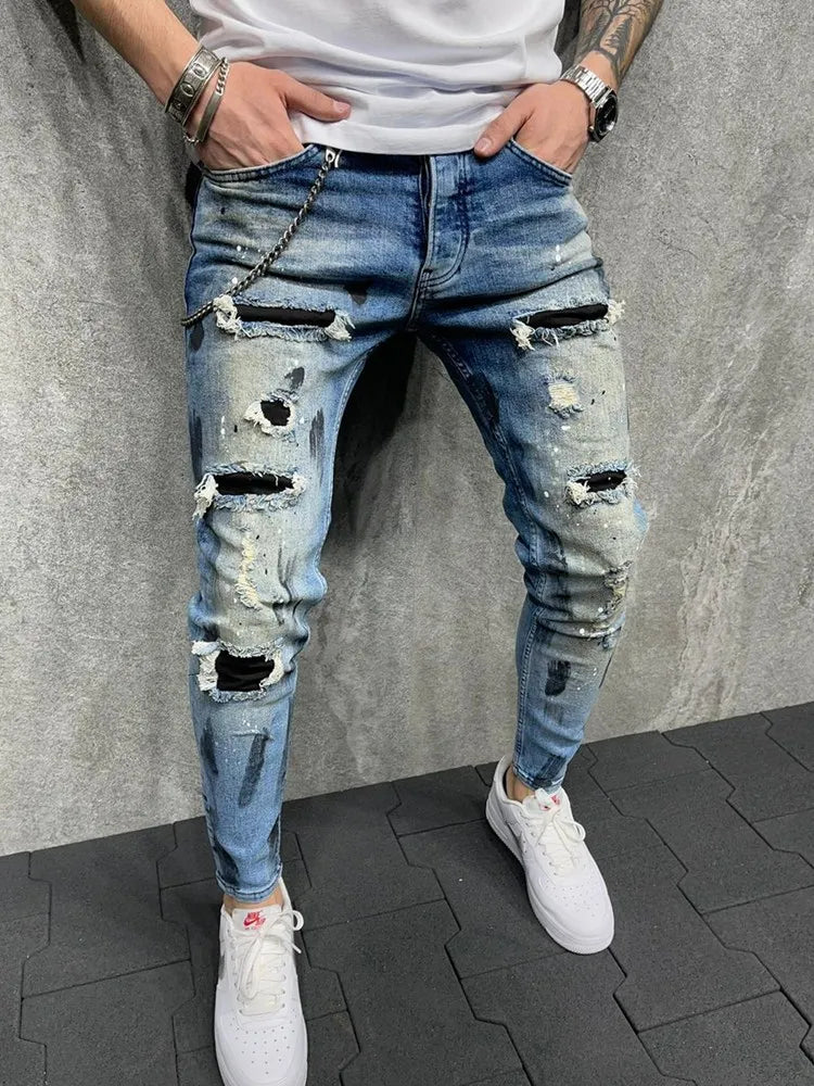 New Men's Skinny Ripped Jeans Fashion Grid Hole Endothecium Patches Slim Fit Stretch Casual Denim Pencil Pants Jogging Trousers