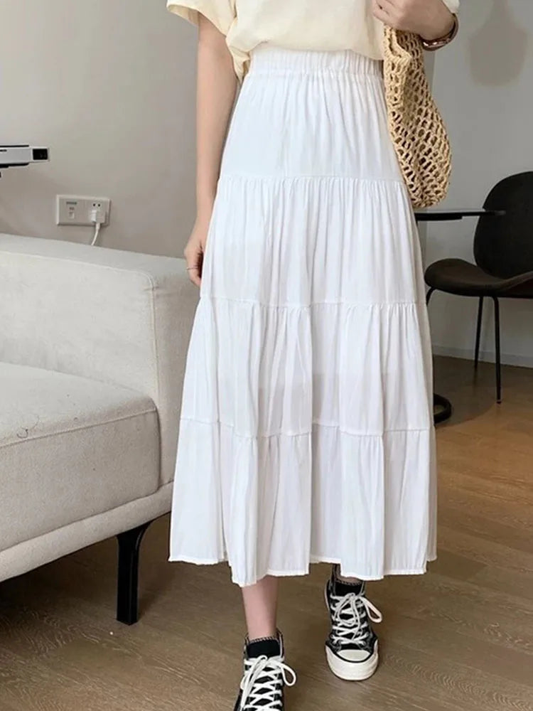 Spring Summer Women Chiffon Skirts Vintage High Waist Elastic Patchwork White Black Chic Long Cake A-line Skirt for Student