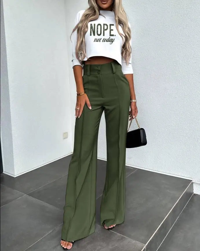 2024 Spring and Autumn New Fashion Small High Neck Slim Fit Women's Set Solid Pocket Micro Horn Pants Set for office lady