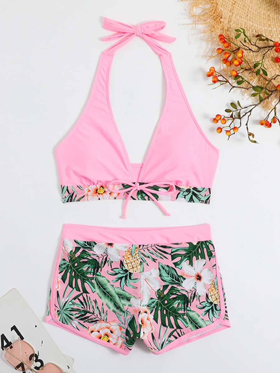 Halter Bikini Set Short Swimsuit Women High Waist Swimwear Female Printed Bathers Swimming Bathing Swim Suit Beachwear